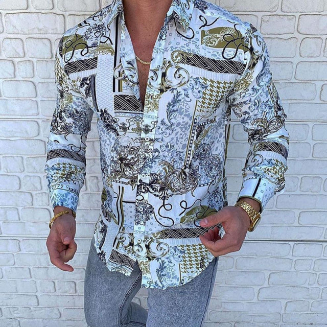 2021 Hot Sale  European American Men&#39;s Clothing Casual  Fashion Printed Shirt Single-Breasted Cardigan Long Sleeve Shirt 