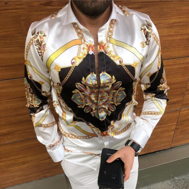 Hot Sale  European American Men&#39;s Clothing Casual  Fashion Printed Shirt Single-Breasted Cardigan Long Sleeve Shirt Men