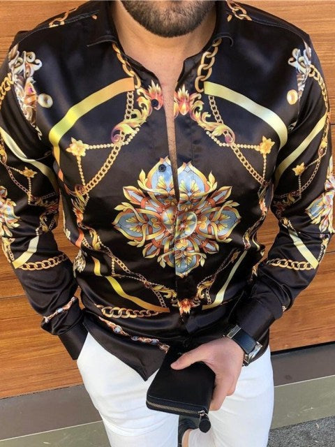 Hot Sale  European American Men&#39;s Clothing Casual  Fashion Printed Shirt Single-Breasted Cardigan Long Sleeve Shirt Men