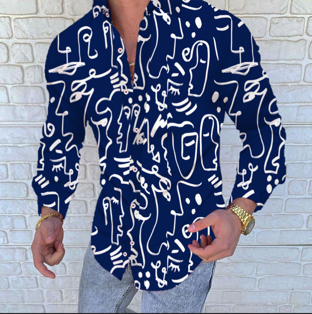 Hot Sale  European American Men&#39;s Clothing Casual  Fashion Printed Shirt Single-Breasted Cardigan Long Sleeve Shirt Men