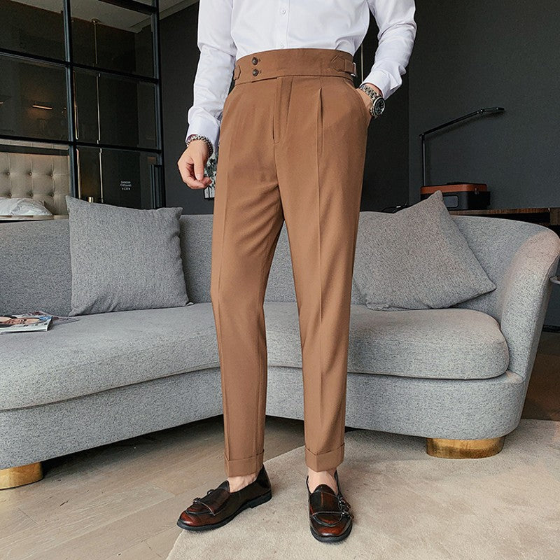 2021 New Design Men High Waist Trousers Solid England Business Casual Suit Pants Belt Straight Slim Fit Bottoms White 