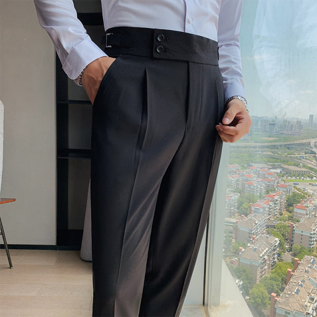 2021 New Design Men High Waist Trousers Solid England Business Casual Suit Pants Belt Straight Slim Fit Bottoms White 