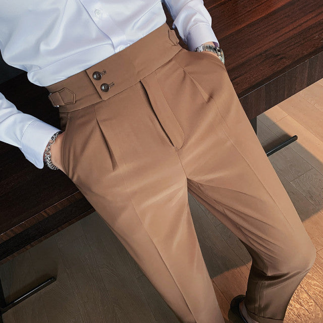 2021 New Design Men High Waist Trousers Solid England Business Casual Suit Pants Belt Straight Slim Fit Bottoms White 