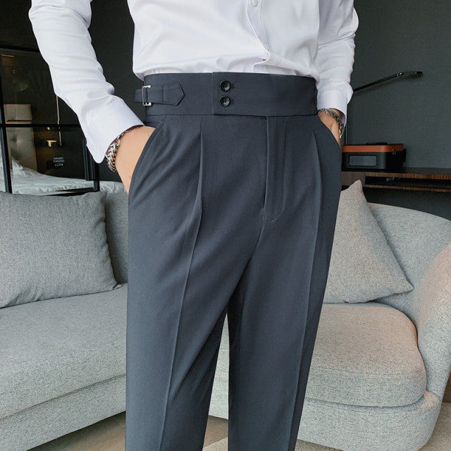 2021 New Design Men High Waist Trousers Solid England Business Casual Suit Pants Belt Straight Slim Fit Bottoms White 