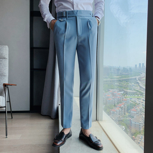 2021 New Design Men High Waist Trousers Solid England Business Casual Suit Pants Belt Straight Slim Fit Bottoms White 