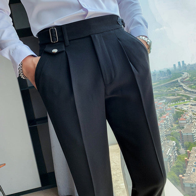 2021 New Design Men High Waist Trousers Solid England Business Casual Suit Pants Belt Straight Slim Fit Bottoms White 