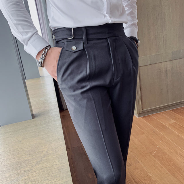 2021 New Design Men High Waist Trousers Solid England Business Casual Suit Pants Belt Straight Slim Fit Bottoms White 