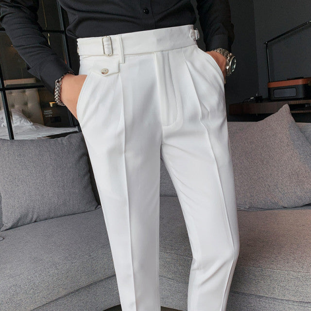 2021 New Design Men High Waist Trousers Solid England Business Casual Suit Pants Belt Straight Slim Fit Bottoms White 