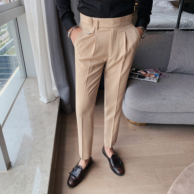 2021 New Design Men High Waist Trousers Solid England Business Casual Suit Pants Belt Straight Slim Fit Bottoms White 