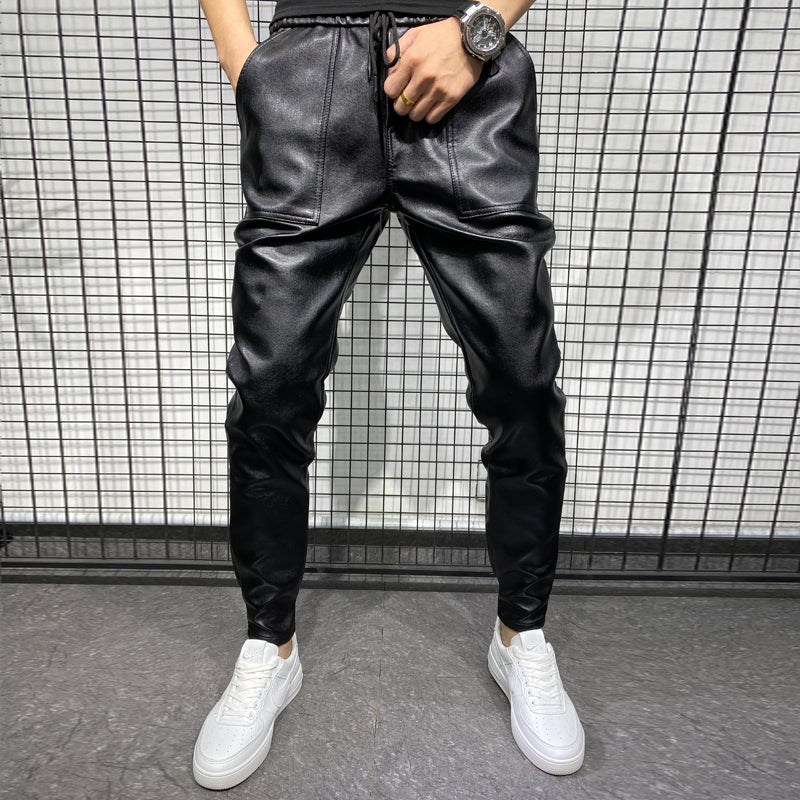 New Winter Thick Warm PU Leather Pants Men Clothing 2022 Simple Big Pocket Windproof Casual Motorcycle Trousers Black Plus Size