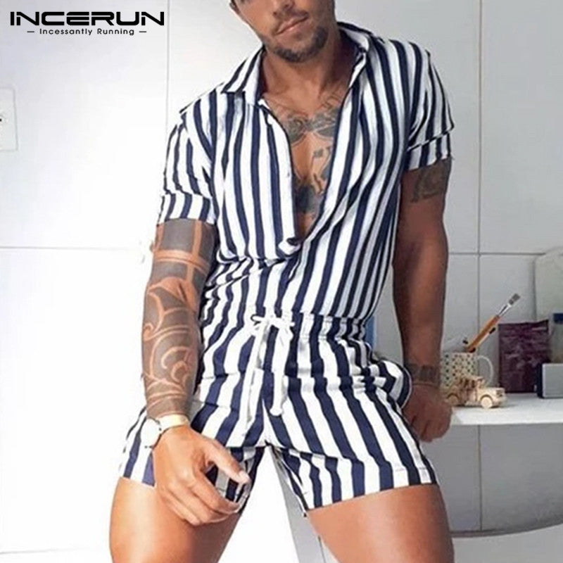 Fashion Men Striped Rompers Short Sleeve Button Shorts Lapel Jumpsuit Drawstring Streetwear 2022 Casual Playsuit Hombre INCERUN