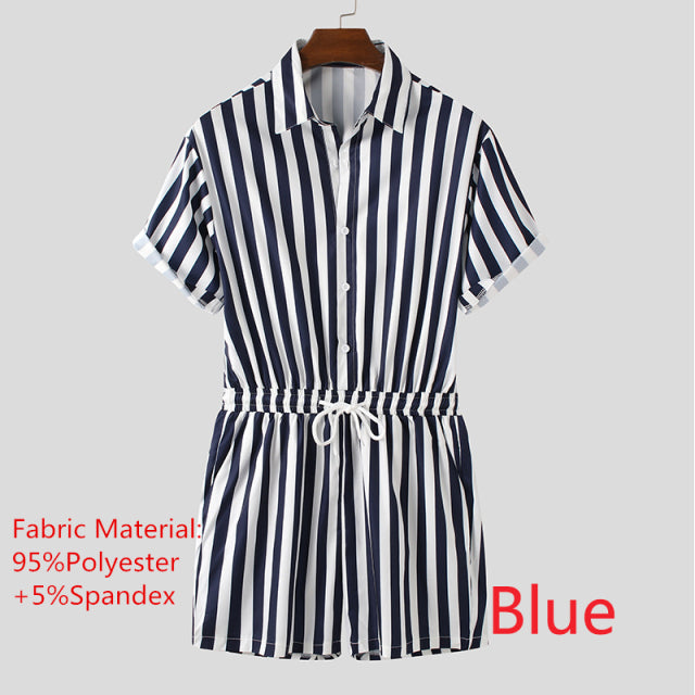 Fashion Men Striped Rompers Short Sleeve Button Shorts Lapel Jumpsuit Drawstring Streetwear 2022 Casual Playsuit Hombre INCERUN