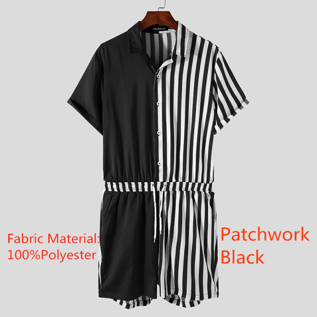 Fashion Men Striped Rompers Short Sleeve Button Shorts Lapel Jumpsuit Drawstring Streetwear 2022 Casual Playsuit Hombre INCERUN