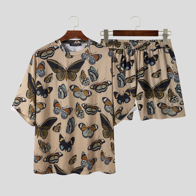 Men Sets Solid Color 2022 Summer O Neck Half Sleeve T Shirts Elastic Waist Shorts Streetwear Loose Casual Men Suits 5XL INCERUN
