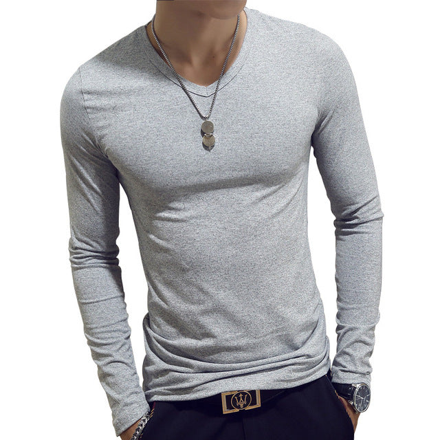 T Shirt Simple Long Sleeve Spring Autumn Morality Men&#39;s T-shirt Sets V-neck Solid Polyester White Grey Blue T Shirt Men Tees 