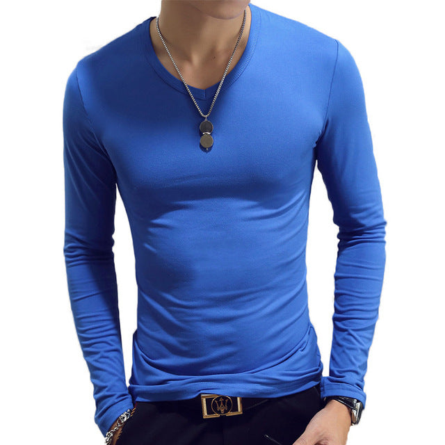 T Shirt Simple Long Sleeve Spring Autumn Morality Men&#39;s T-shirt Sets V-neck Solid Polyester White Grey Blue T Shirt Men Tees 