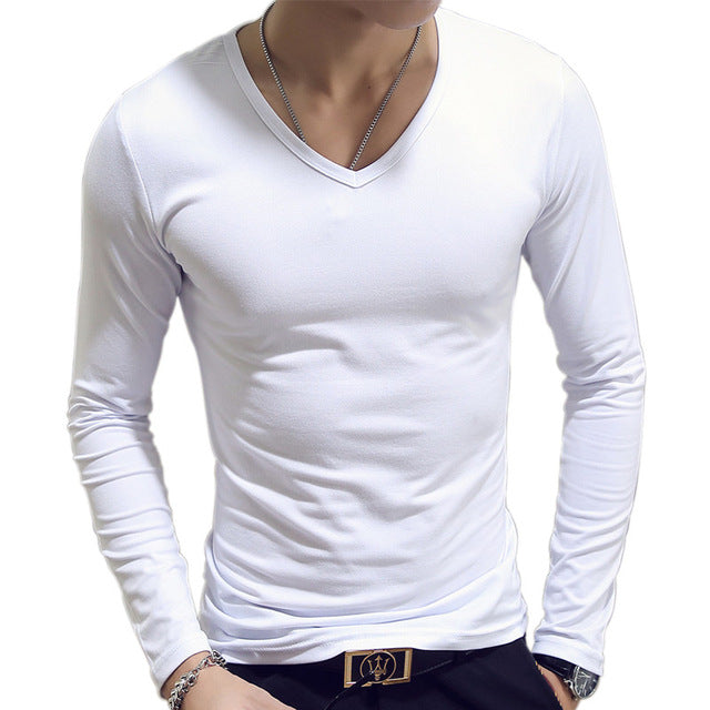 T Shirt Simple Long Sleeve Spring Autumn Morality Men&#39;s T-shirt Sets V-neck Solid Polyester White Grey Blue T Shirt Men Tees 