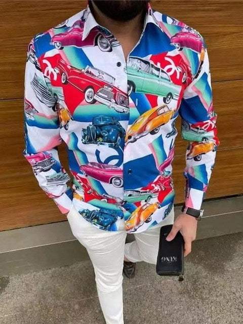 Hot Sale  European American Men&#39;s Clothing Casual  Fashion Printed Shirt Single-Breasted Cardigan Long Sleeve Shirt Men