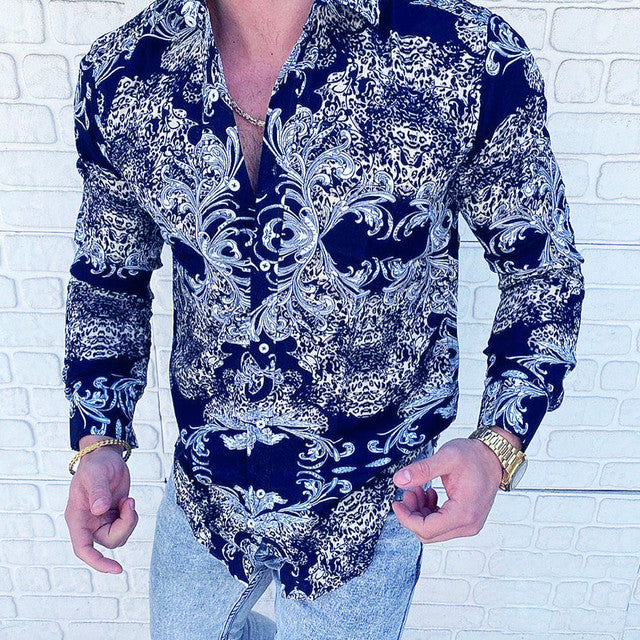 Hot Sale  European American Men&#39;s Clothing Casual  Fashion Printed Shirt Single-Breasted Cardigan Long Sleeve Shirt Men